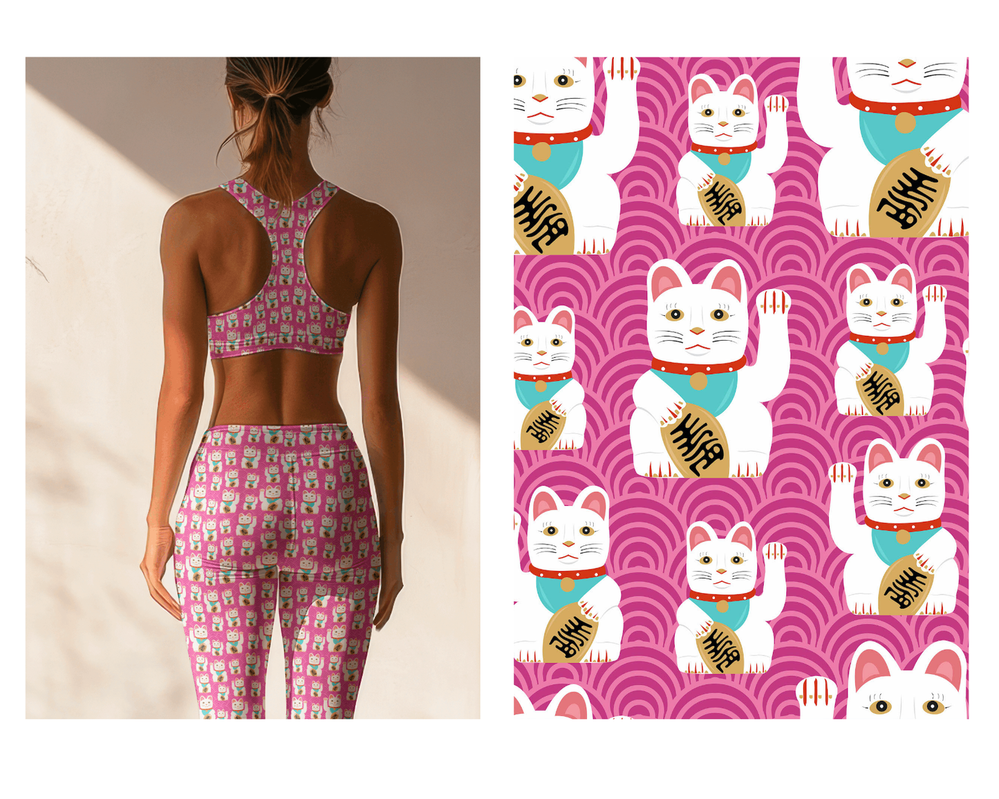 Lucky Cat Print Fabric – Eco-Friendly Recycled Spandex | Japanese Maneki-Neko Pattern | Recycled Swimwear Fabric