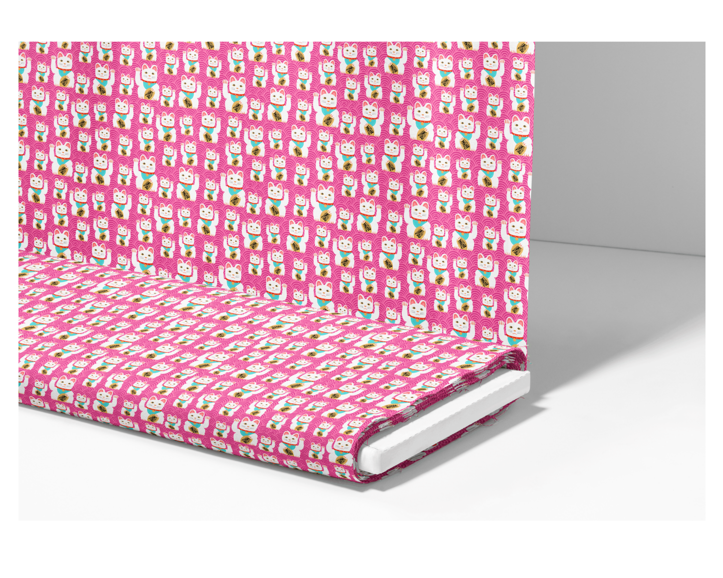 Lucky Cat Print Fabric – Eco-Friendly Recycled Spandex | Japanese Maneki-Neko Pattern | Recycled Swimwear Fabric