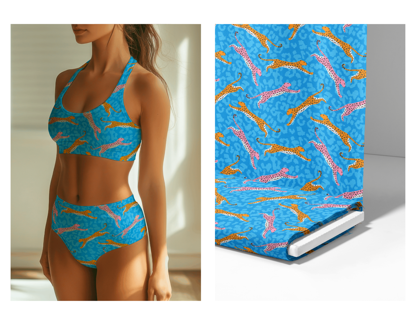 Leaping Leopards on Blue | Eco-Friendly Recycled Swimwear Fabric