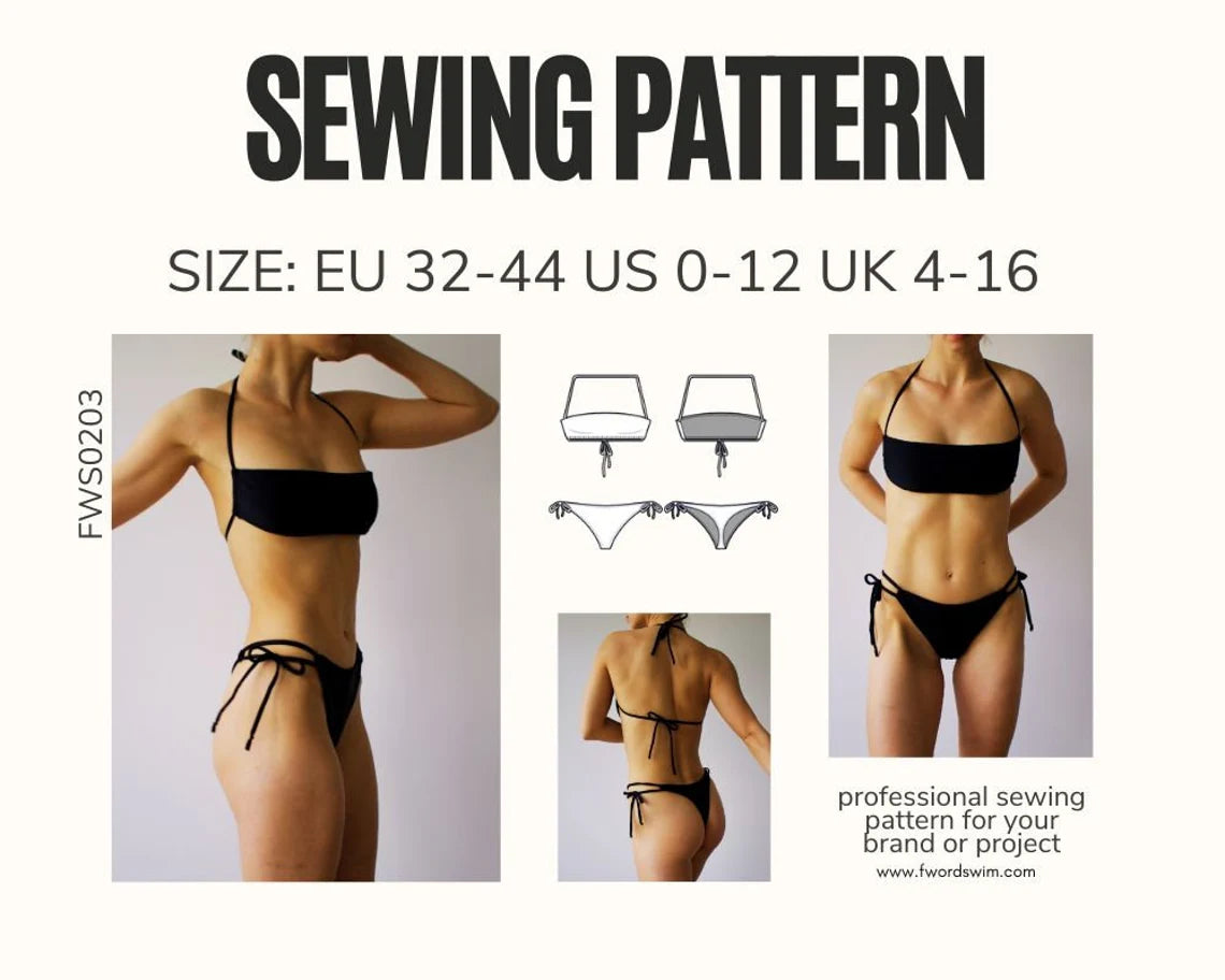 FWS02031 – Open Back Tube Top & Thong Bikini Sewing Pattern | PDF Download (A0, A4, US Letter)