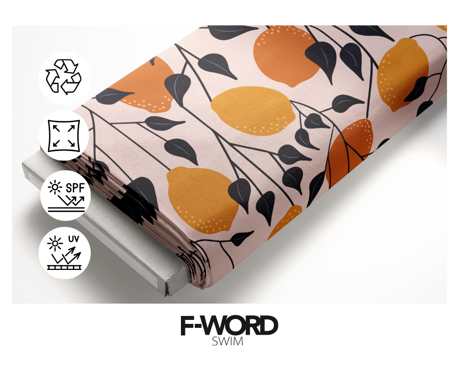 Recycled Swimwear Fabric – Sustainable & Eco-Friendly 4-Way Stretch Fabric for Swimwear and Activewearc Oranges & Lemons on Pink Background