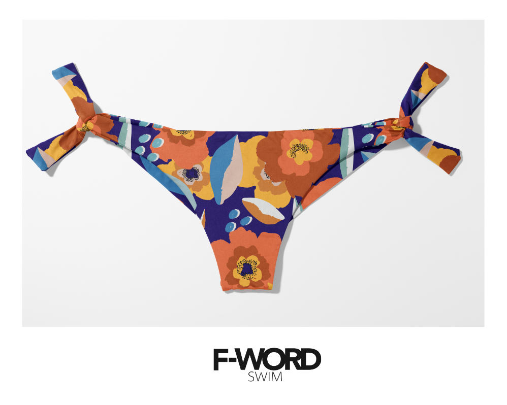Recycled Swimsuit Fabric Retro Floral Pattern Red Flowers on Dark Blue Background