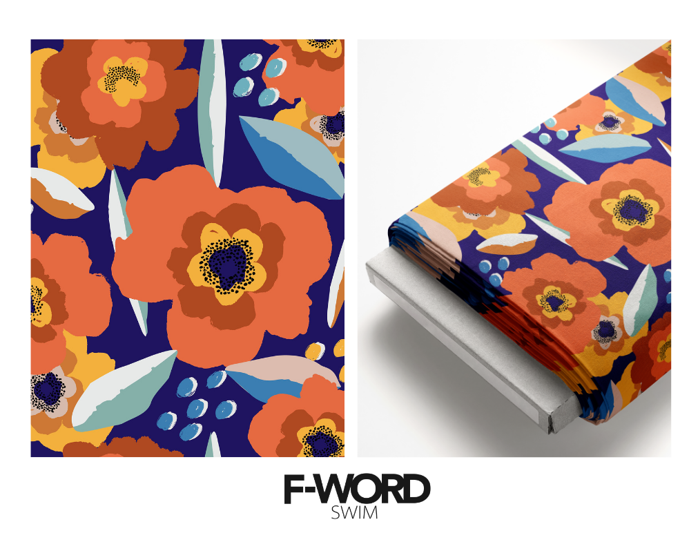 Recycled Swimsuit Fabric Retro Floral Pattern Red Flowers on Dark Blue Background