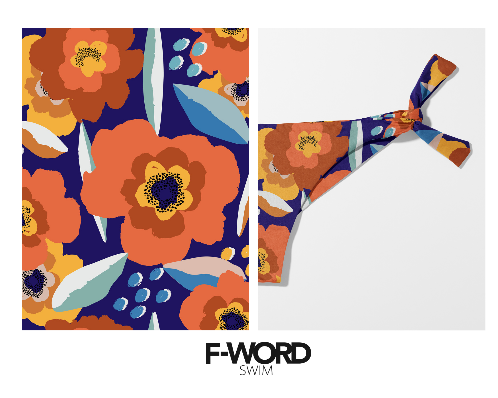Recycled Swimsuit Fabric Retro Floral Pattern Red Flowers on Dark Blue Background