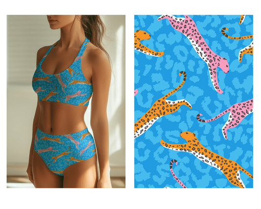 Leaping Leopards on Blue | Eco-Friendly Recycled Swimwear Fabric