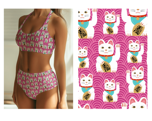 Lucky Cat Print Fabric – Eco-Friendly Recycled Spandex | Japanese Maneki-Neko Pattern | Recycled Swimwear Fabric