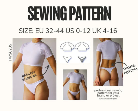 PDF Sewing Pattern Bikini Set Thong Rashguard Short Sleeve Raglan FWS0205